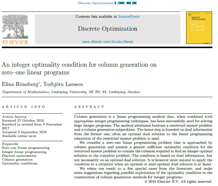 An integer optimality condition for column generation on zeroone linear